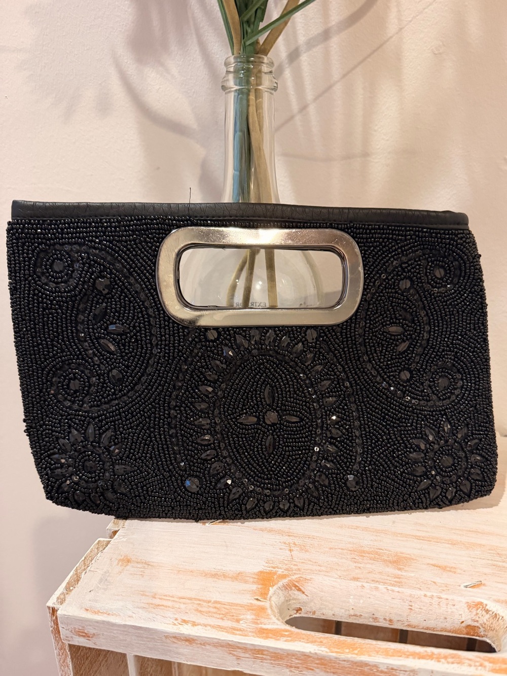 Black Beaded Women's Clutch Handbag